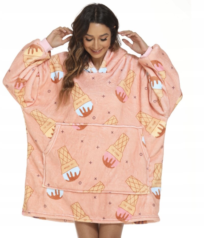 BLUZA PLUSZOWA Z KAPTUREM COMFY KOC OVERSIZE CIEPŁA WZÓR LODY ICE CREAM