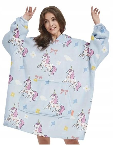 BLUZA PLUSZOWA Z KAPTUREM COMFY KOC OVERSIZE CIEPŁA WZÓR UNICORN JEDNOROŻEC