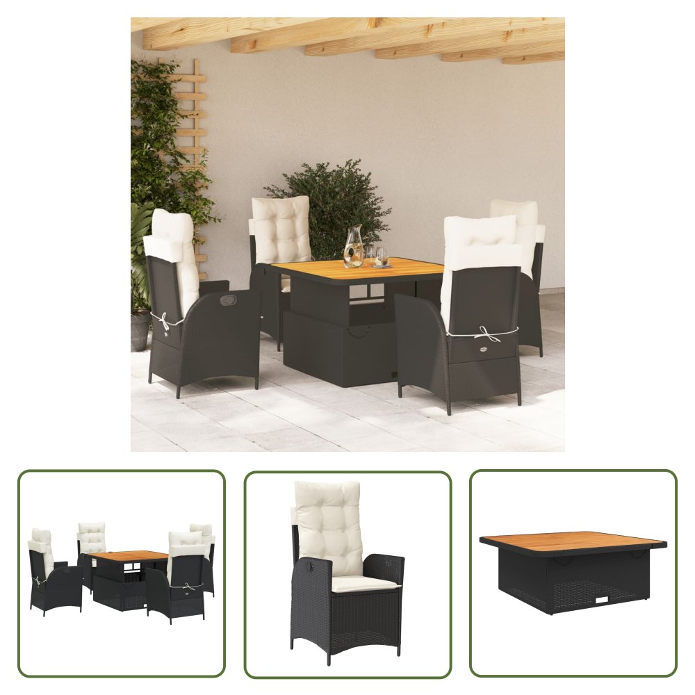 The Living Store 5-cz. zestaw mebli ogrodowych z poduszkami - czarny - polirattan - Meble Ogrodowe
