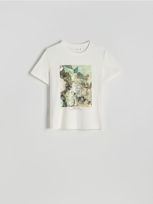 Reserved - Bawełniany t-shirt z nadrukiem - złamana biel