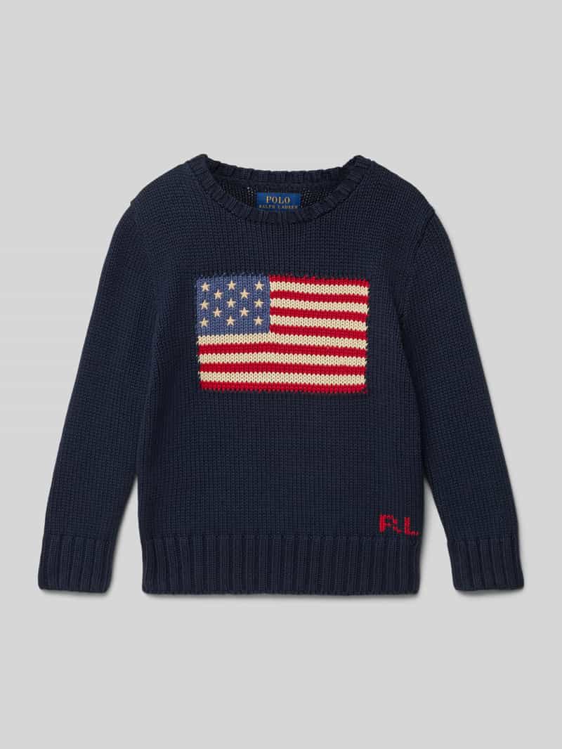 Sweter z dzianiny z wyhaftowanym motywem i logo