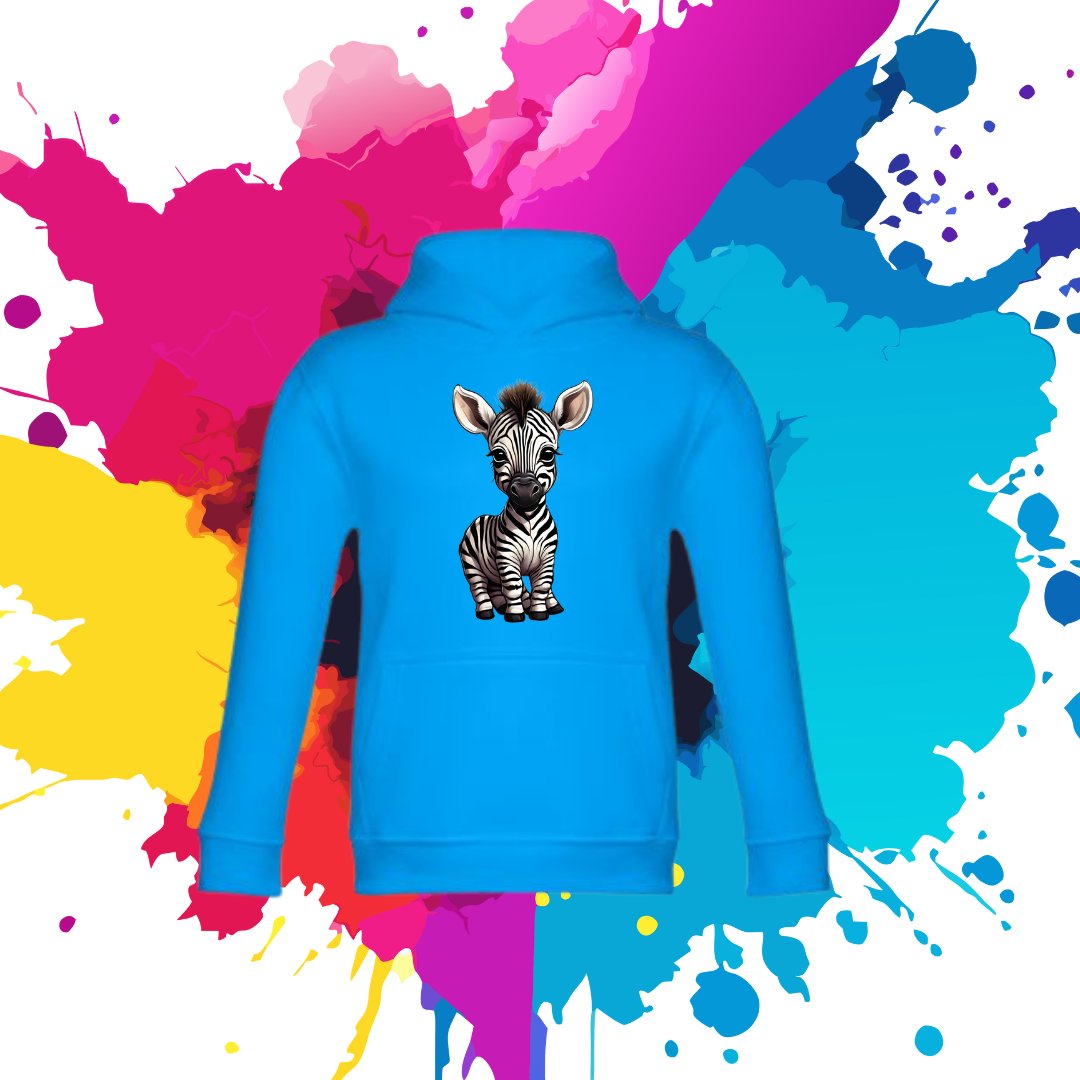 Bluza dziecięca typu kangurka z kapturem w kolorze błękitnym z nadrukiem zebra 4 lata