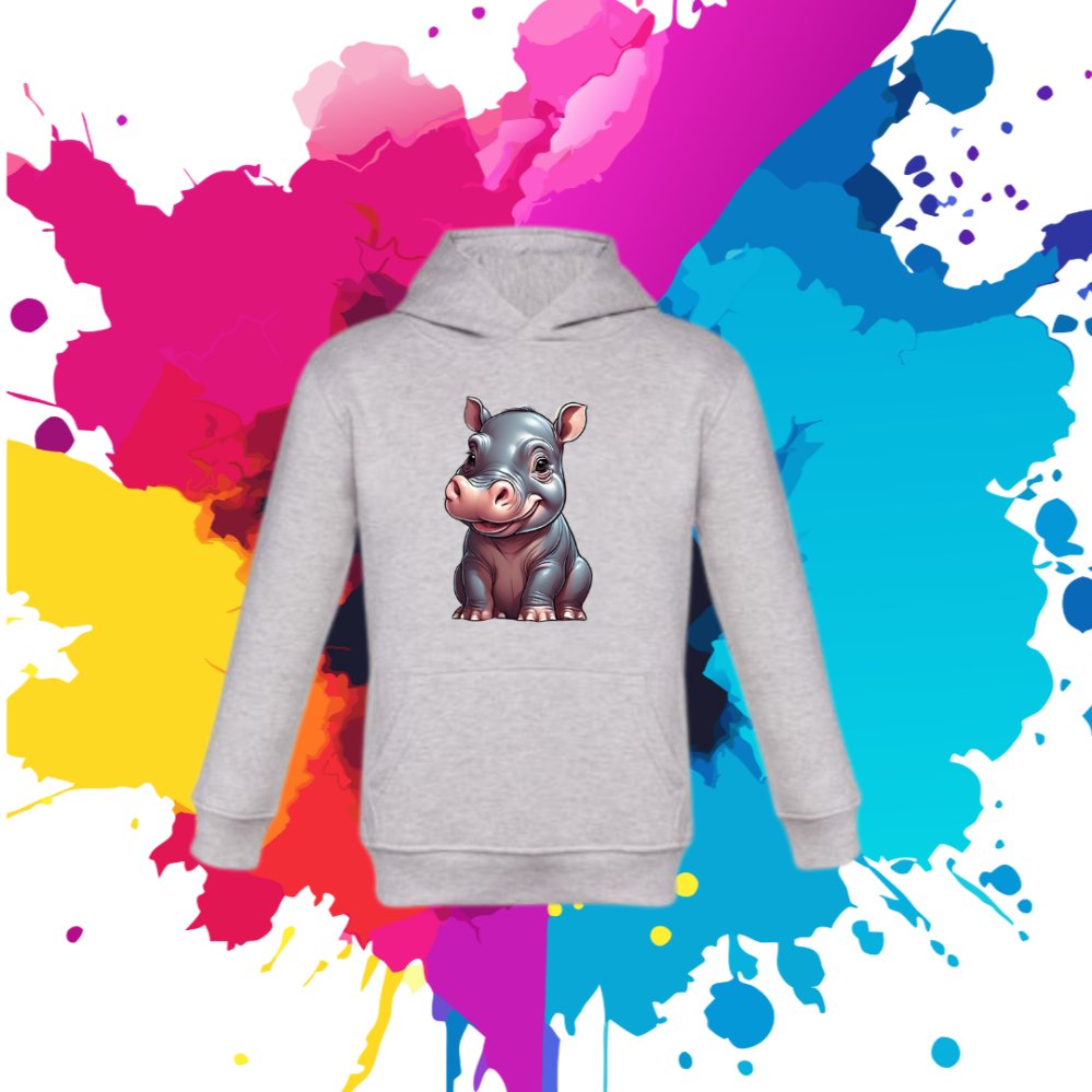 Bluza dziecięca typu kangurka z kapturem w kolorze jasnoszarym z nadrukiem Hipcio 2 lata