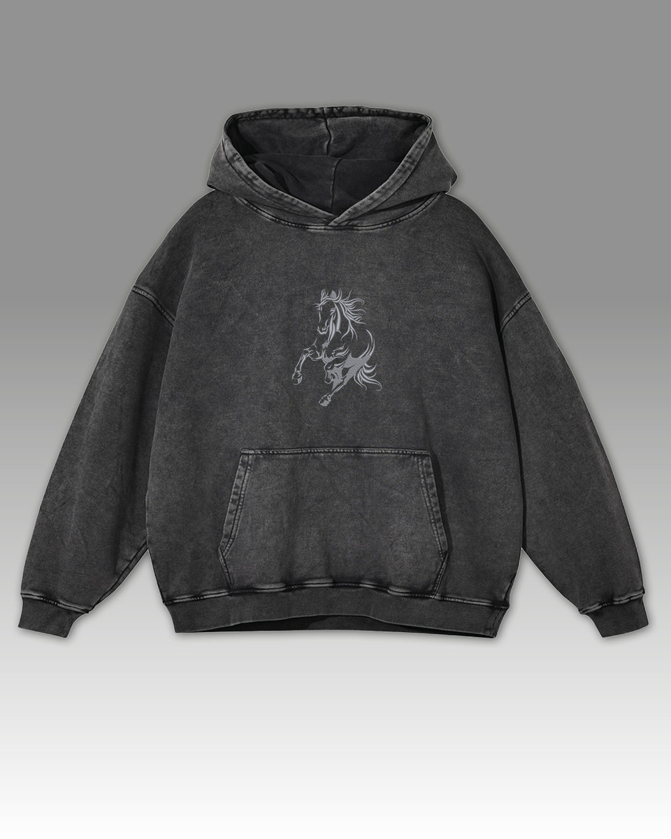 Bluza oversize z kapturem Haftowany Koń Efekt sprania Grafitowy L