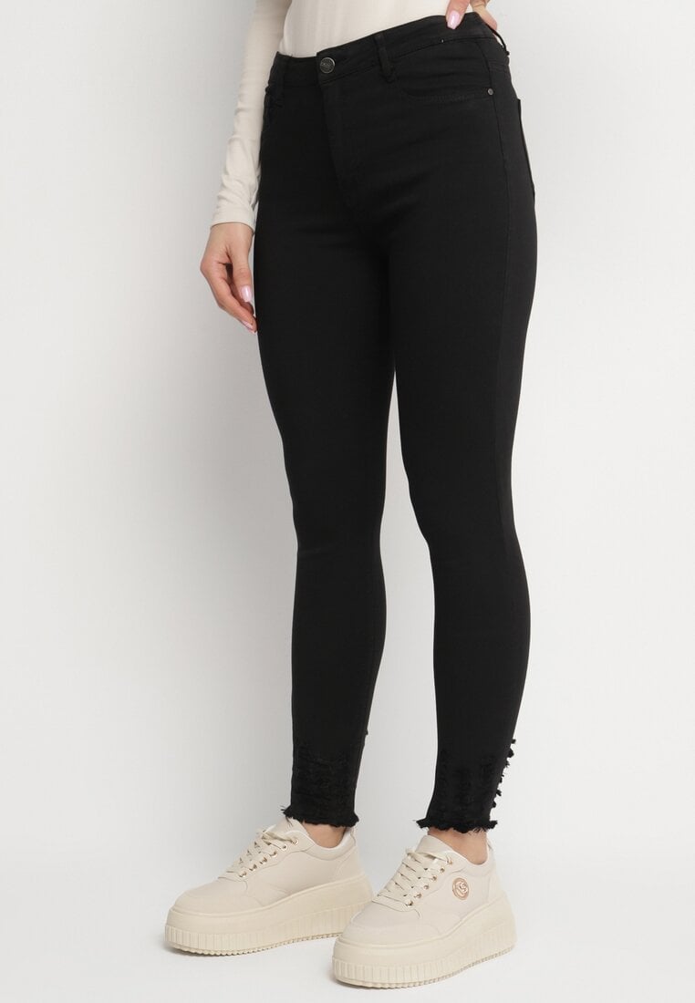 Czarne Jeansy z Wiskozą o Kroju Skinny z Przetarciami Taledis