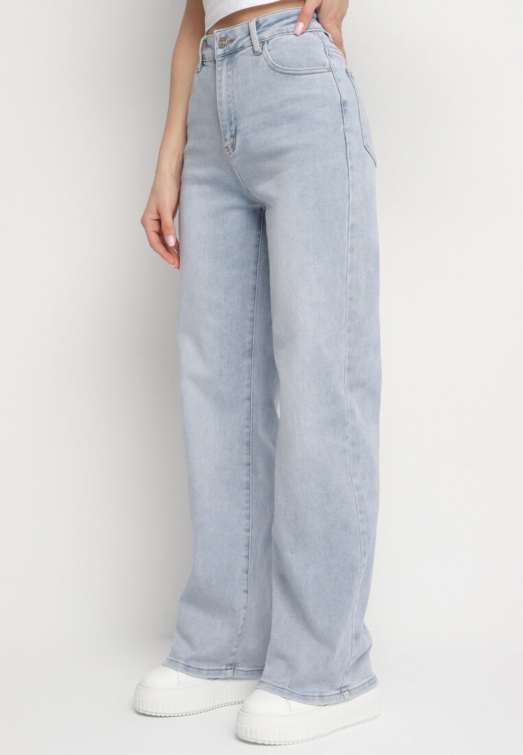 Niebieskie Szerokie Jeansy Bawełną Wiskozą i Wysokim Stanem Nelviola