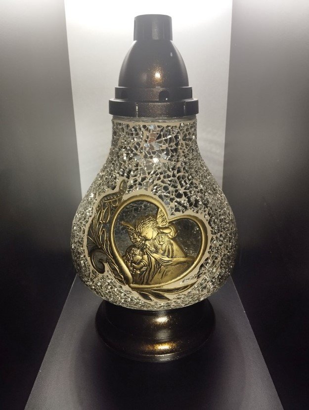 Znicz Lampion Premium Karafa Witraż Dekor Złote Serce Z Aniołkiem