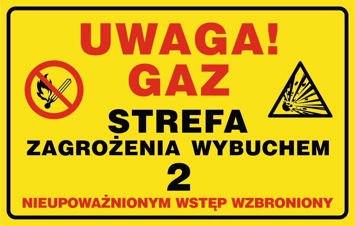 Tabliczka: Uwaga! GAZ strefa zagrożenia wybuchem 2 30x42cm PCV 3mm
