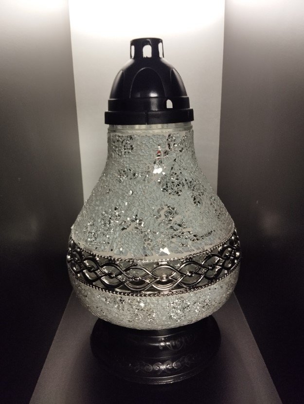 Znicz Lampion Premium Karafa Witraż Dekor Biało-Srebrny 35 Cm Maxi