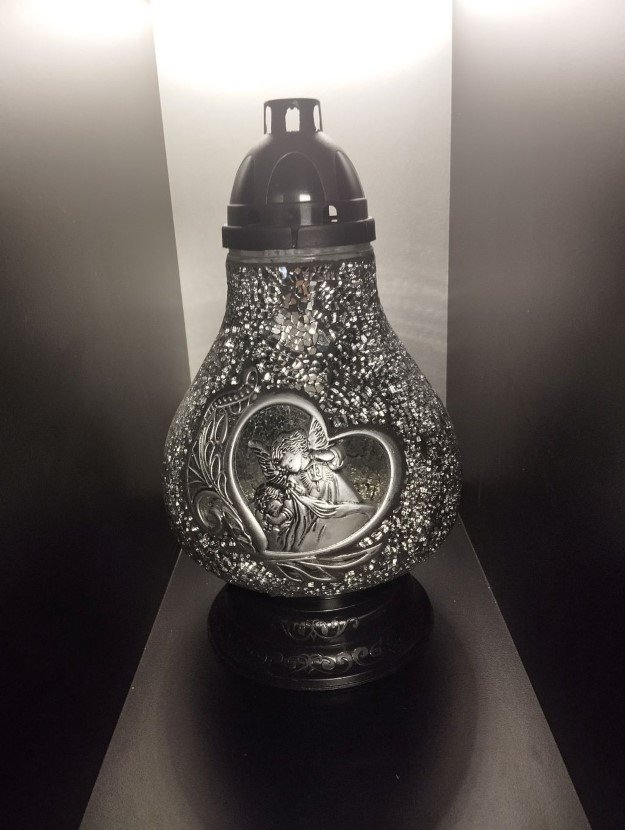 Znicz Lampion Premium Karafa Witraż Srebrne Serce Z Aniołkiem