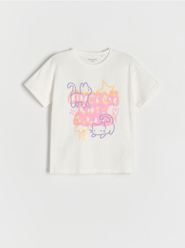 Reserved - Bawełniany t-shirt z nadrukiem - złamana biel