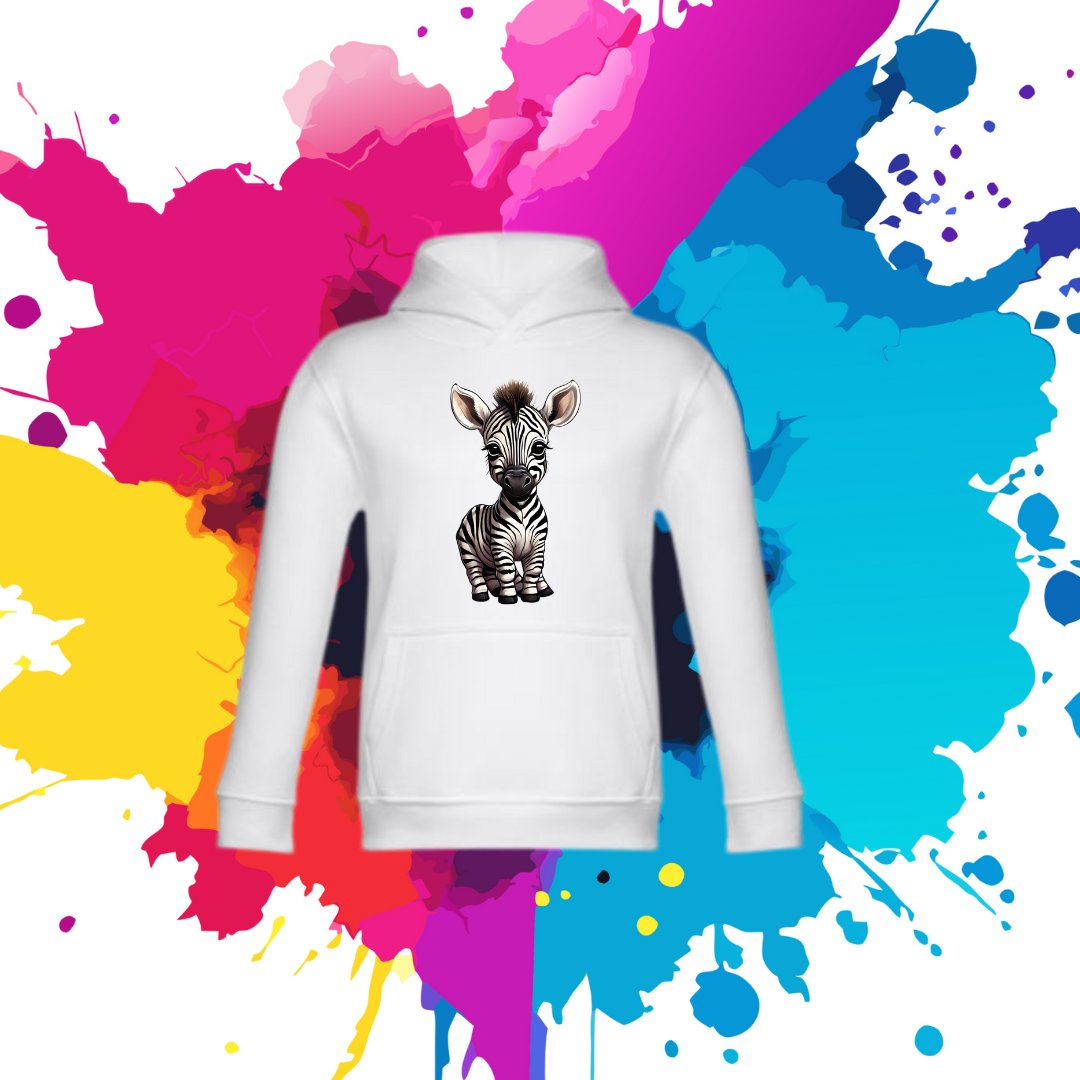 Bluza dziecięca typu kangurka z kapturem w kolorze białym z nadrukiem zebra 8 lat