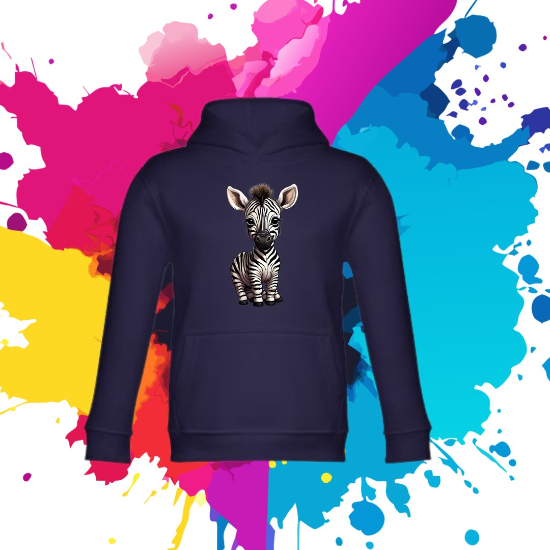 Bluza dziecięca typu kangurka z kapturem w kolorze granatowym z nadrukiem zebra 8 lat