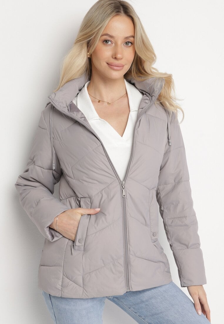 Jasnoszara Kurtka z Pikowanymi Przeszyciami i Odpinanym Kapturem Felanwen