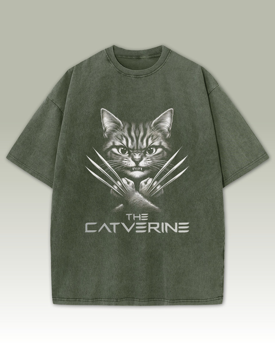 Koszulka oversize The Catverine - Kot Wolverine - efekt sprania Khaki XL