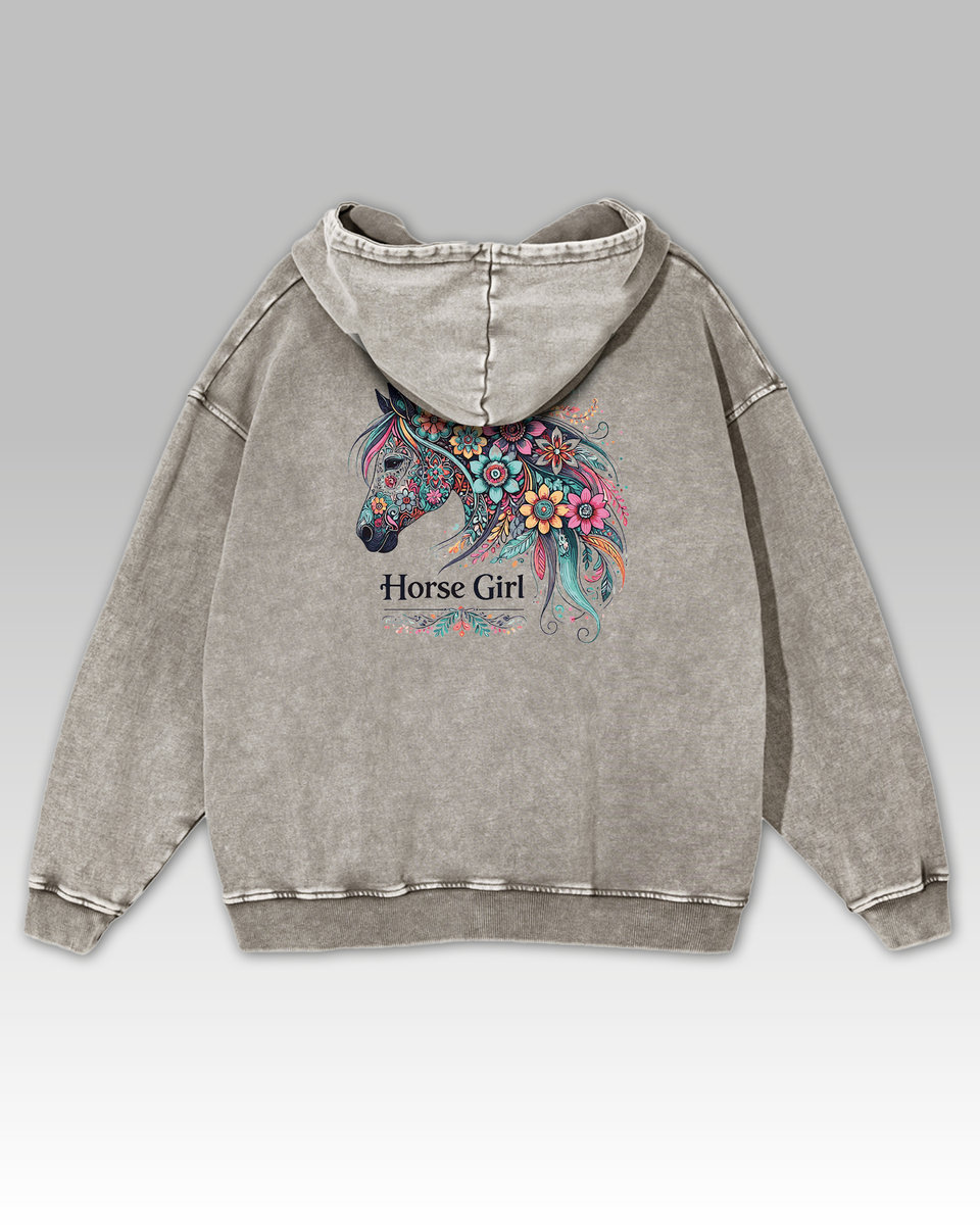 Bluza oversize z kapturem Horse Girl Kolorowy Koń Sprana Popielaty M