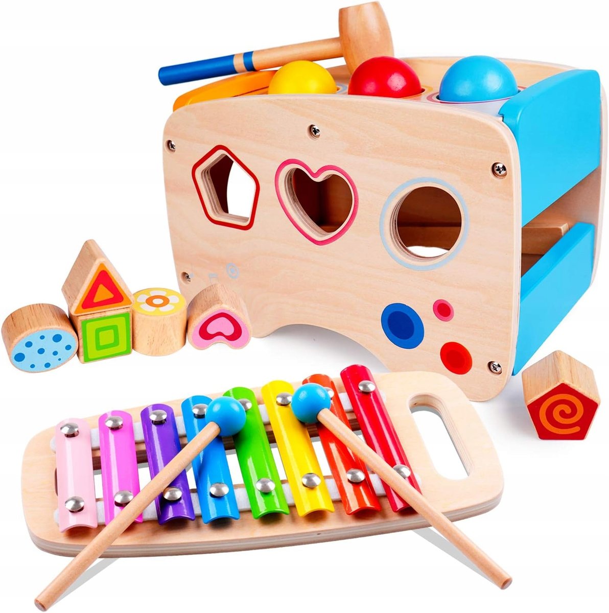 CYMBAŁKI DREWNIANE 8-TONOWE Młoteczek + Sorter + Klocki