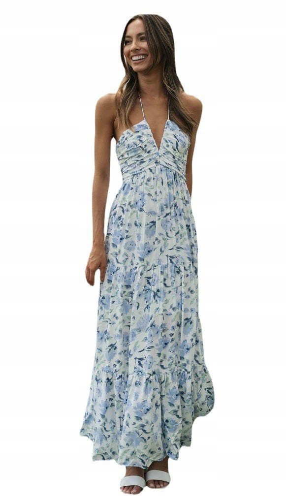 LETNIA SUKIENKA BOHO W KWIATY CODZIENNA PLAŻA WAKACJE MAXI NIEBIESKA LATO