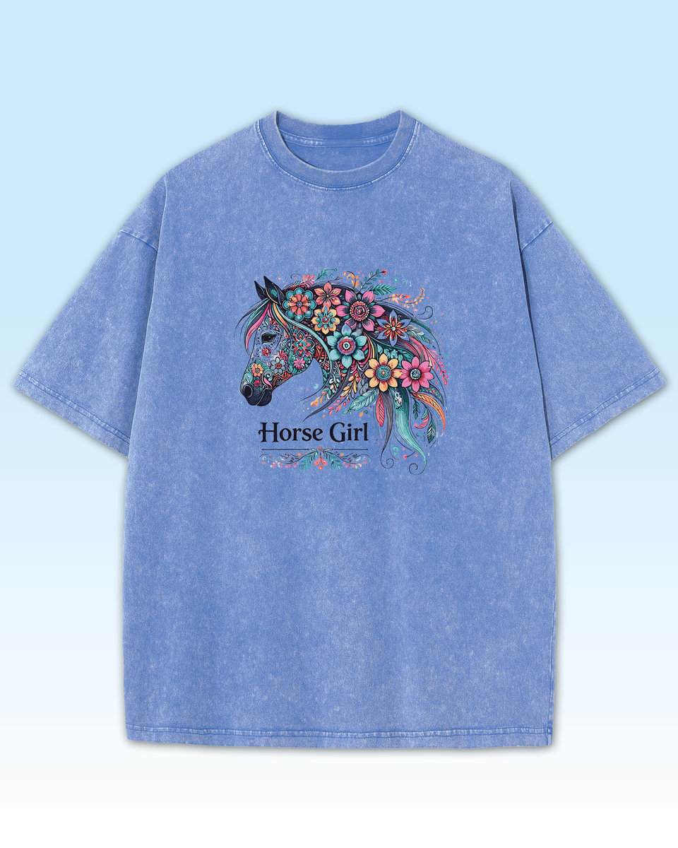 Koszulka oversize Horse Girl Kolorowy Koń Sprana Jasnoniebieski XXL