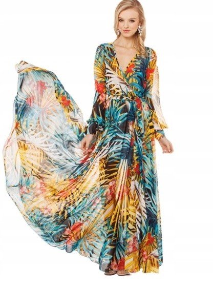 LETNIA SUKIENKA W KWIATY CODZIENNA PLAŻA WAKACJE MAXI JUNGLE NIEBIESKA LATO