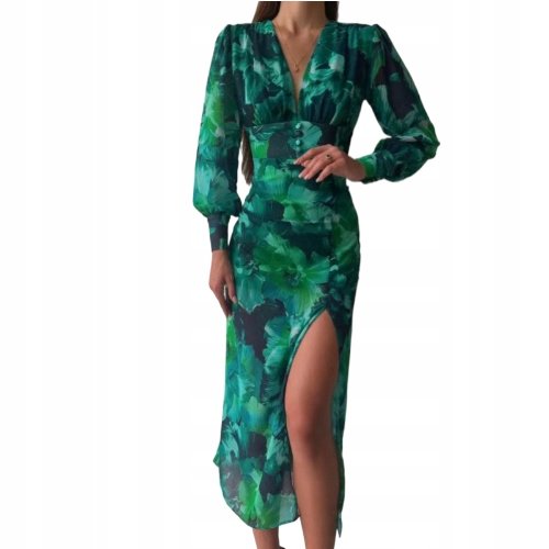 LETNIA MIDI SUKIENKA PRINT SEXY ZIELONA VINTAGE DŁUGIE RĘKAWY DEKOLT SZPIC