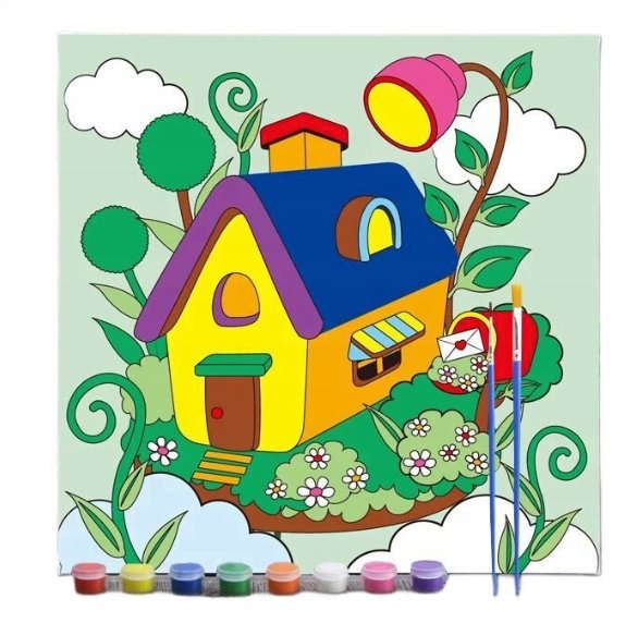 OBRAZ OBRAZEK DO MALOWANIA DLA DZIECI 30X30 CM DOMEK CHATA ZESTAW Z FARBAMI