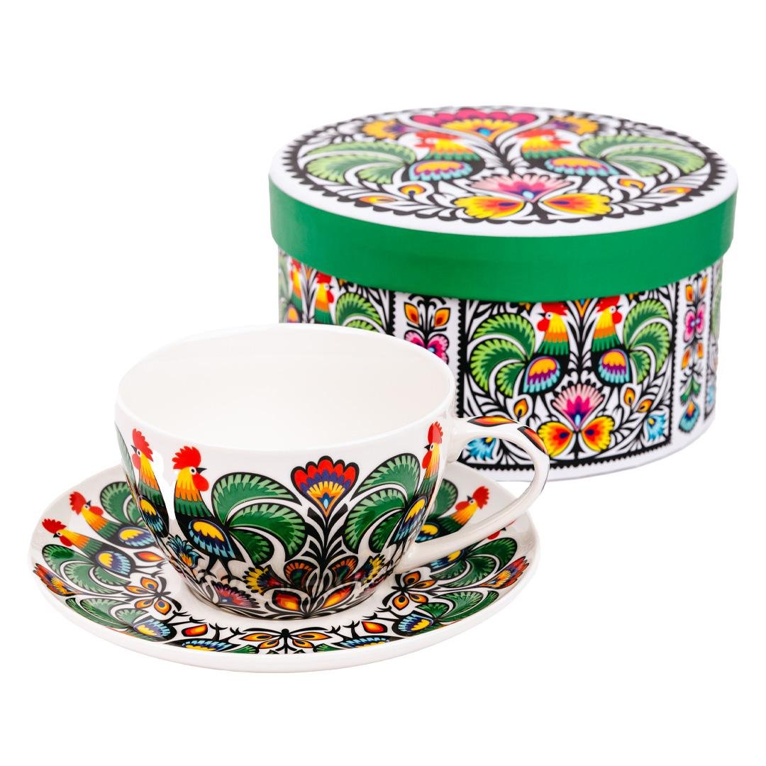 Filiżanka Małgosia w pudełku do kawy i herbaty 300ml koguty łowickie