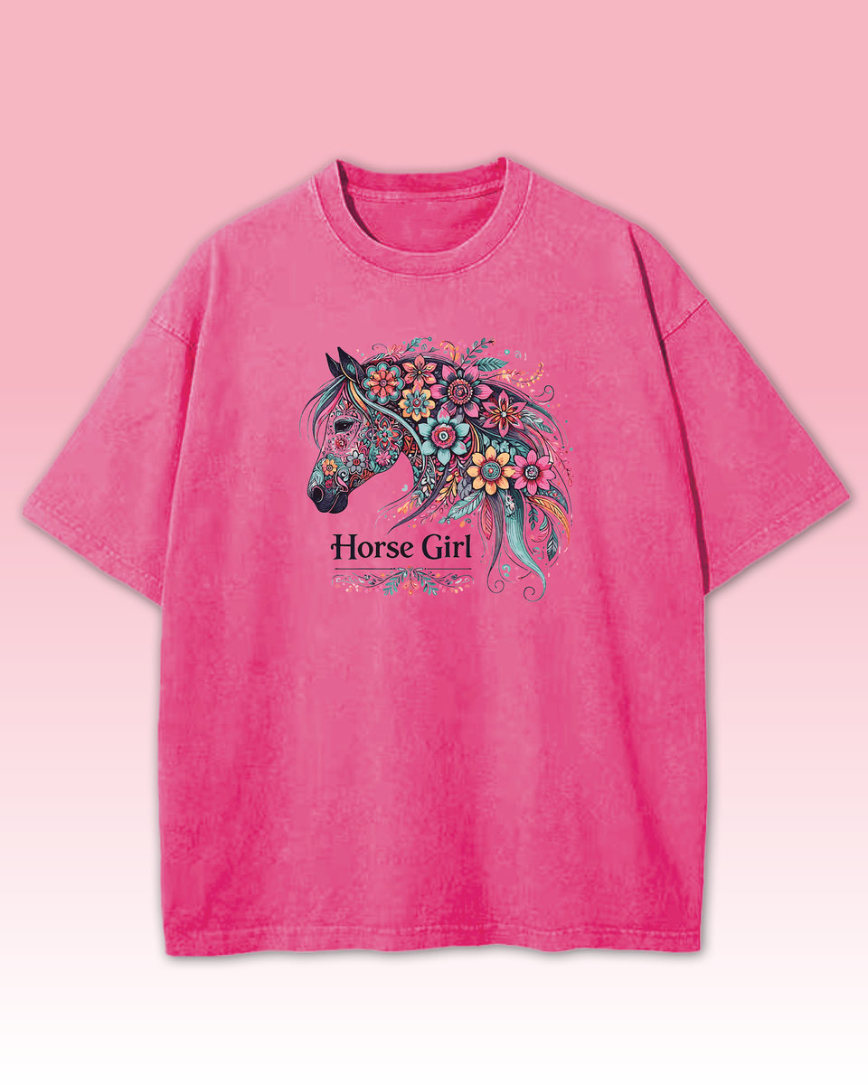Koszulka oversize Horse Girl Kolorowy Koń Sprana Ciemnoróżowy L