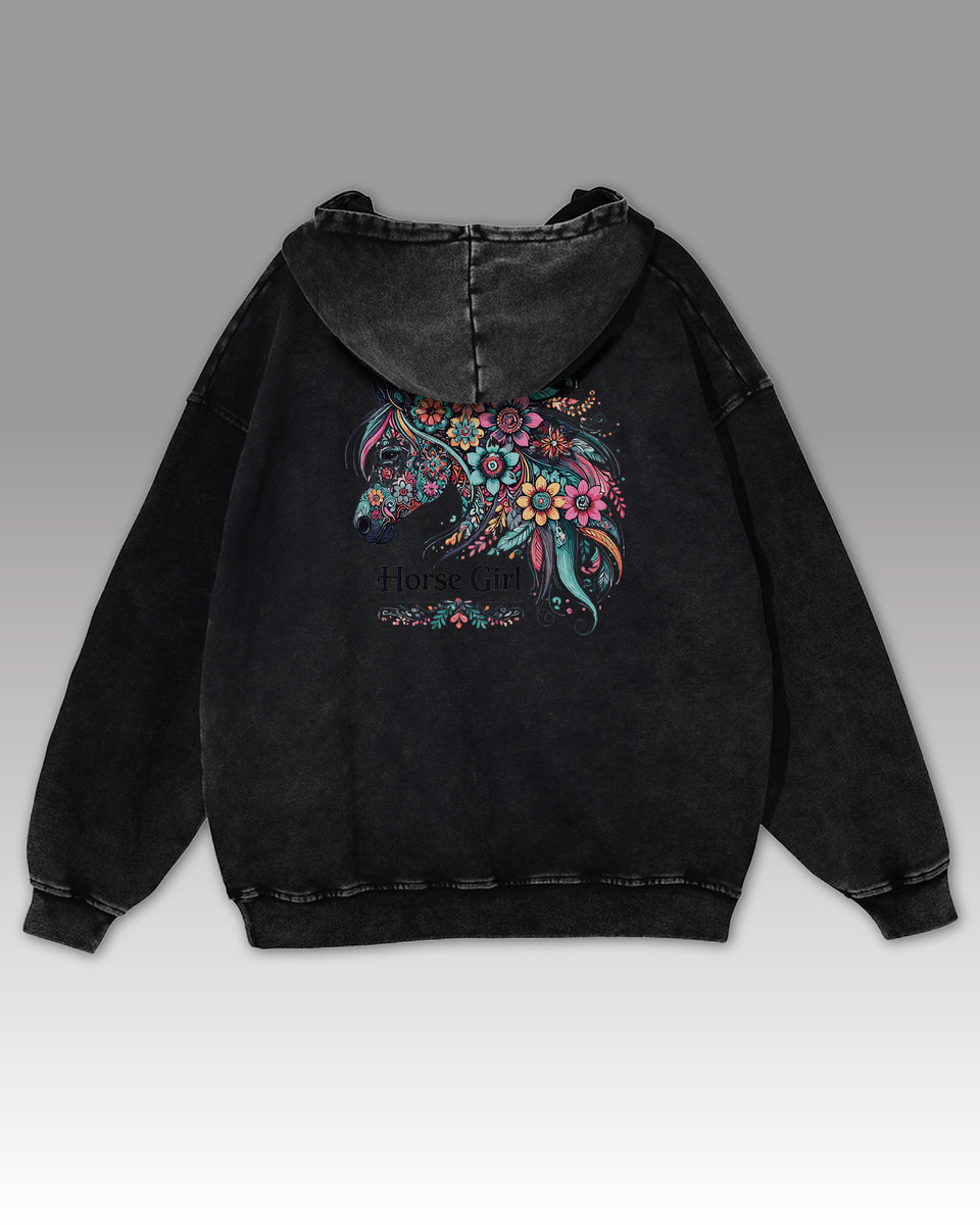 Bluza oversize z kapturem Horse Girl Kolorowy Koń Sprana Czarny L