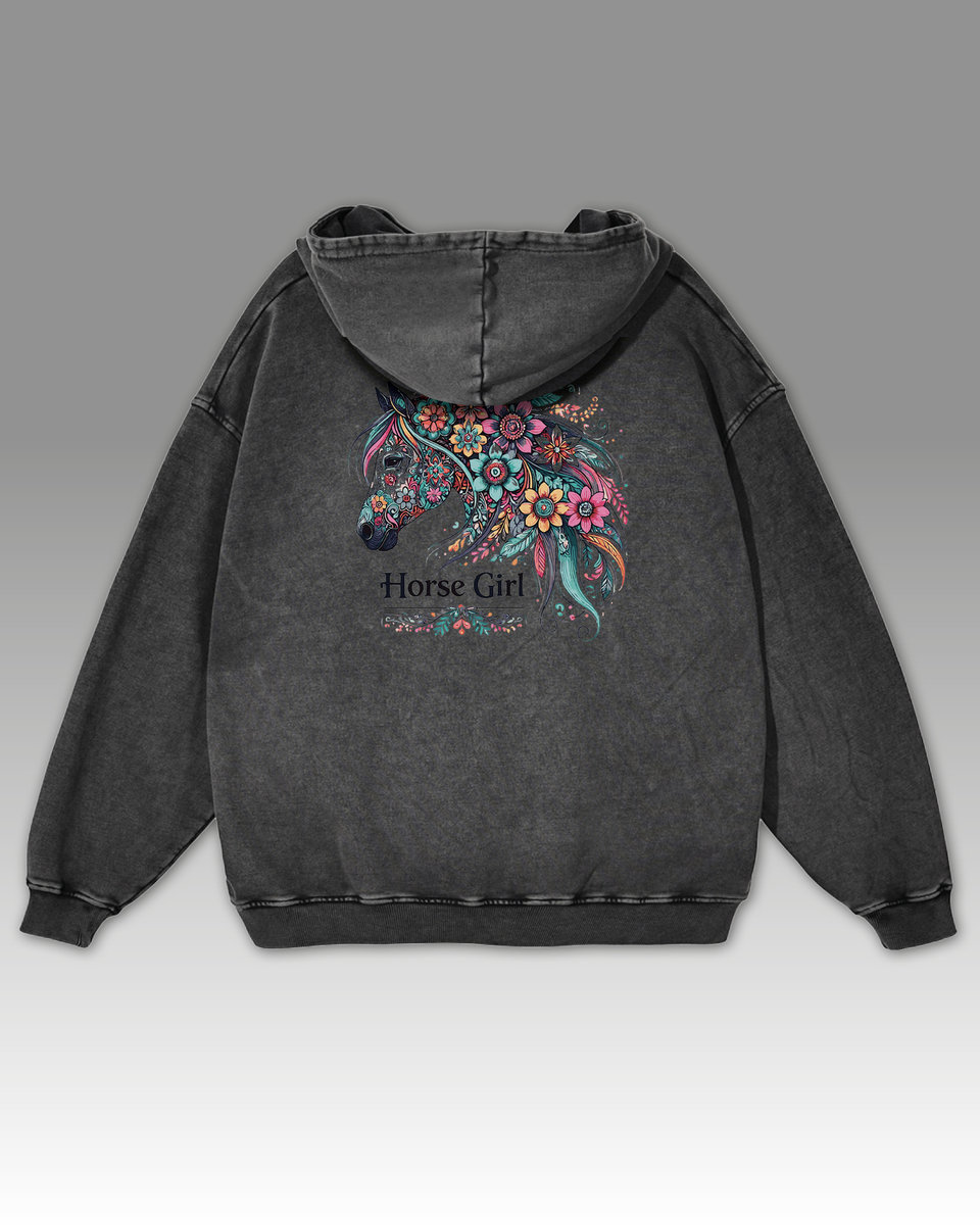 Bluza oversize z kapturem Horse Girl Kolorowy Koń Sprana Grafitowy L