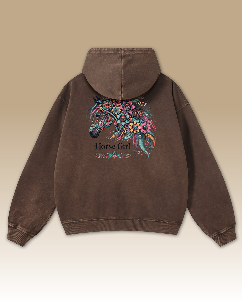Bluza oversize z kapturem Horse Girl Kolorowy Koń Sprana BrązowyM