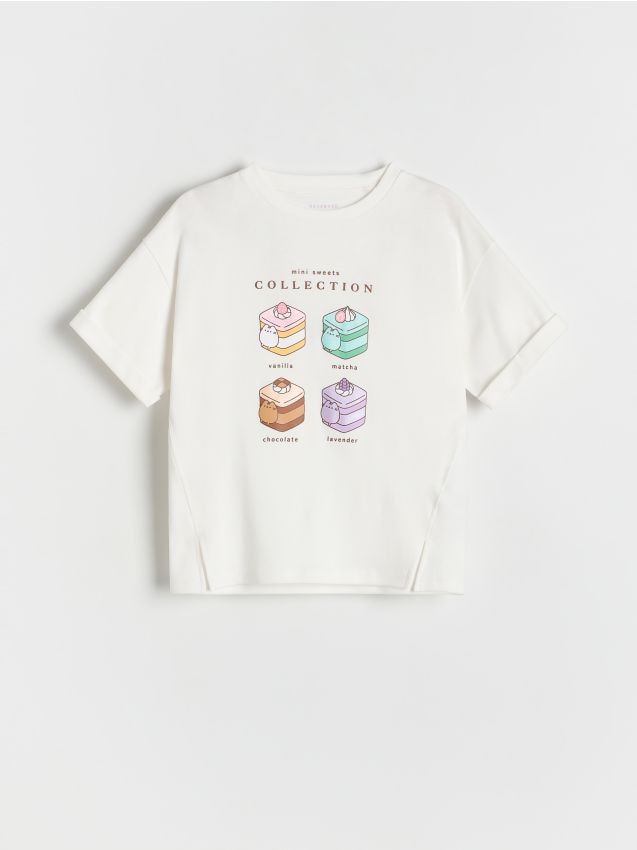 Reserved - T-shirt z nadrukiem Pusheen - złamana biel
