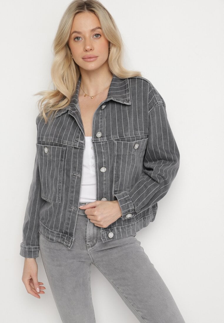 Szara Kurtka Jeansowa w Paski z Kieszeniami Ravilune