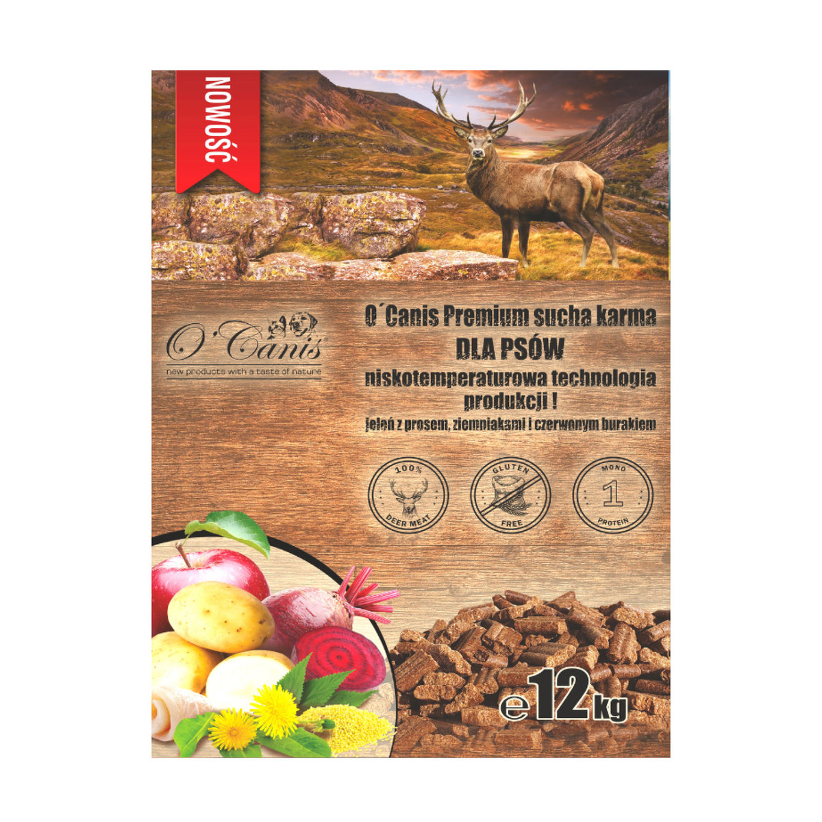 O'Canis Sucha Karma Premium Dla Psa Z Jeleniem, Prosem, Czerwonym Burakiem I Jabłkiem 12Kg