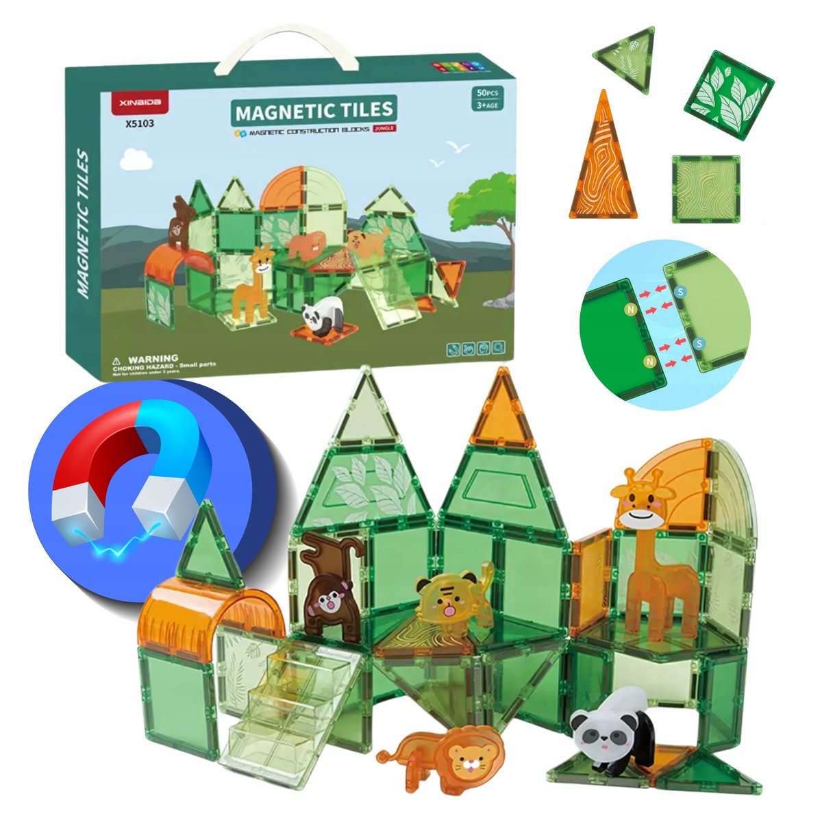 Klocki Magnetyczne Konstrukcyjne Magnetic Tiles Kreatywne Zoo Jungle 50 el