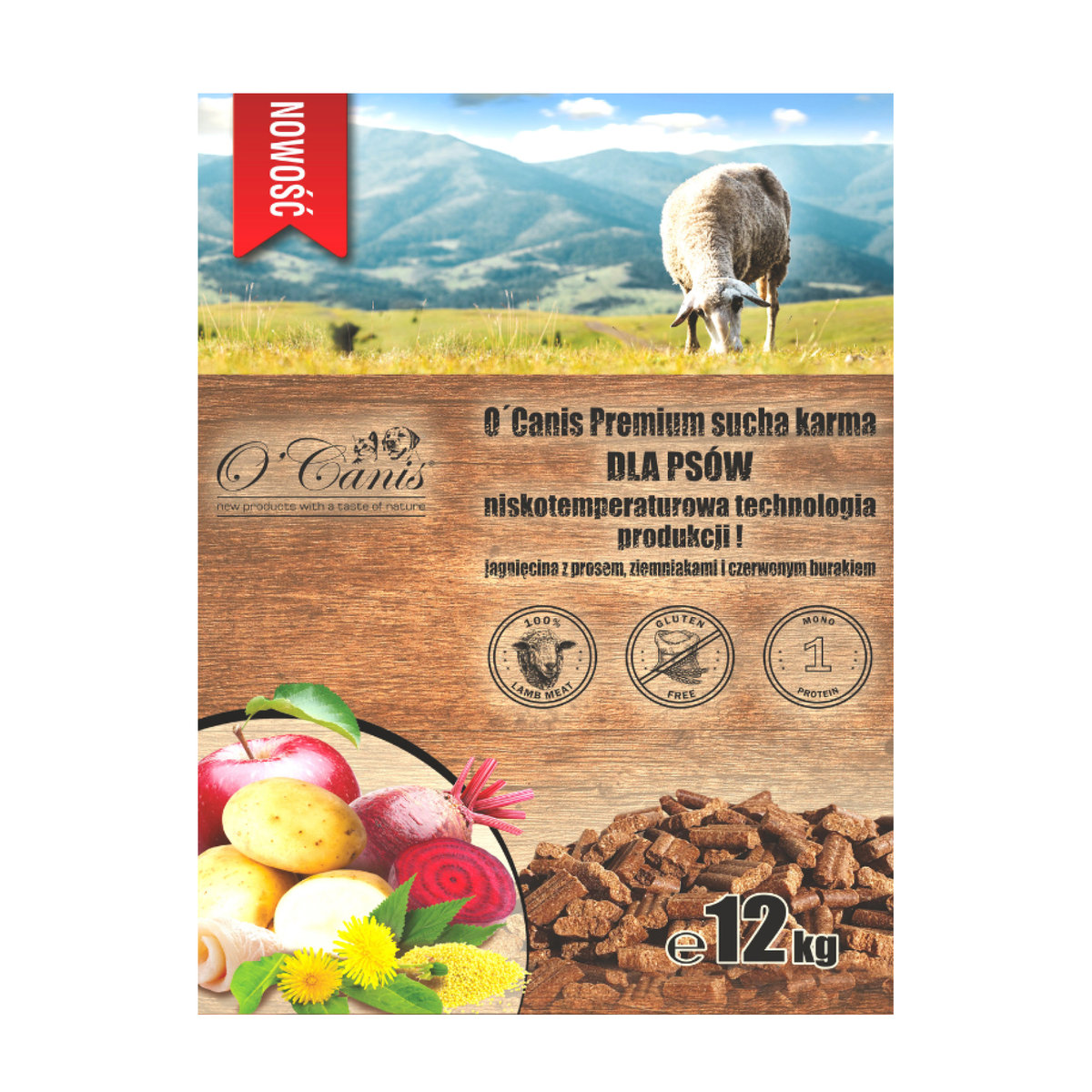 O'Canis Sucha Karma Premium Dla Psa Z Jagnięciny Z Prosem, Kartoflami, Czerwonym Burakiem Oraz Jabłkiem 12Kg