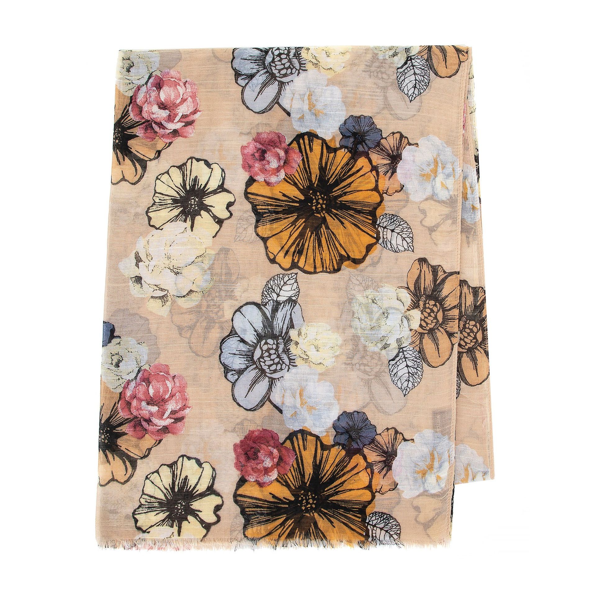 Damski delikatny szal w motyw kwiatowy beżowo-pomarańczowy