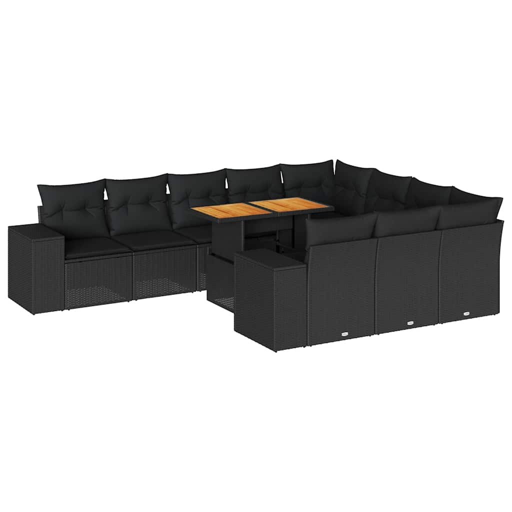vidaXL 10-cz. zestaw mebli z poduszkami, czarny, polirattan i akacja