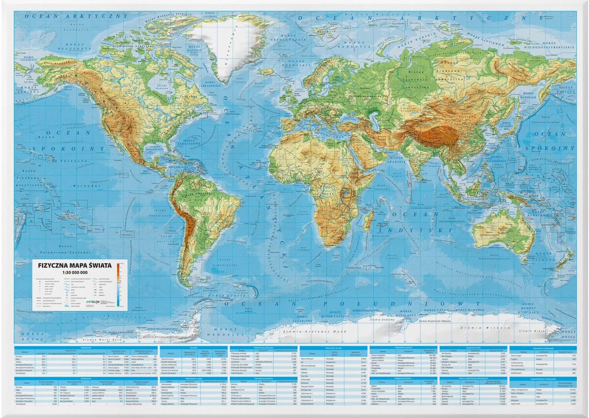 Świat. Mapa fizyczna ścienna 1:30 000 000