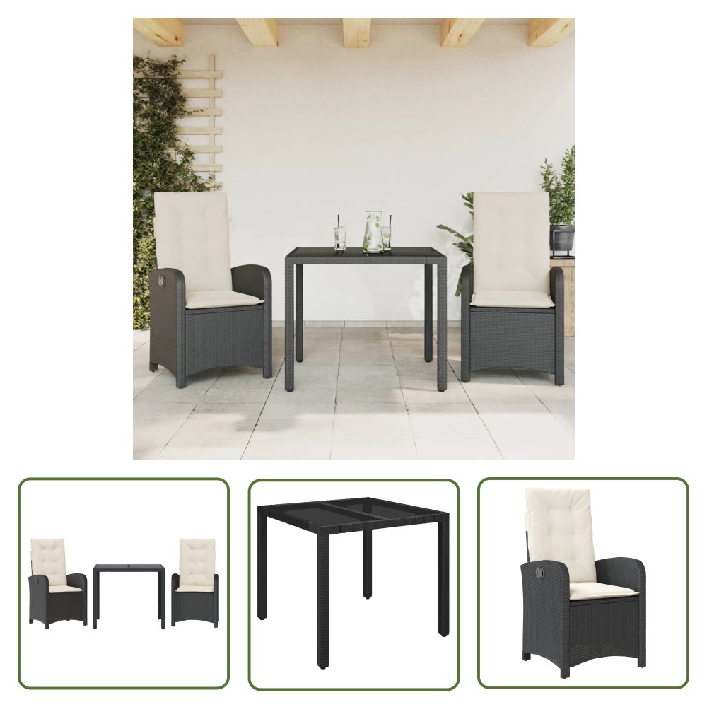 The Living Store 3-cz. zestaw mebli ogrodowych z poduszkami - czarny - rattan PE - Meble Ogrodowe