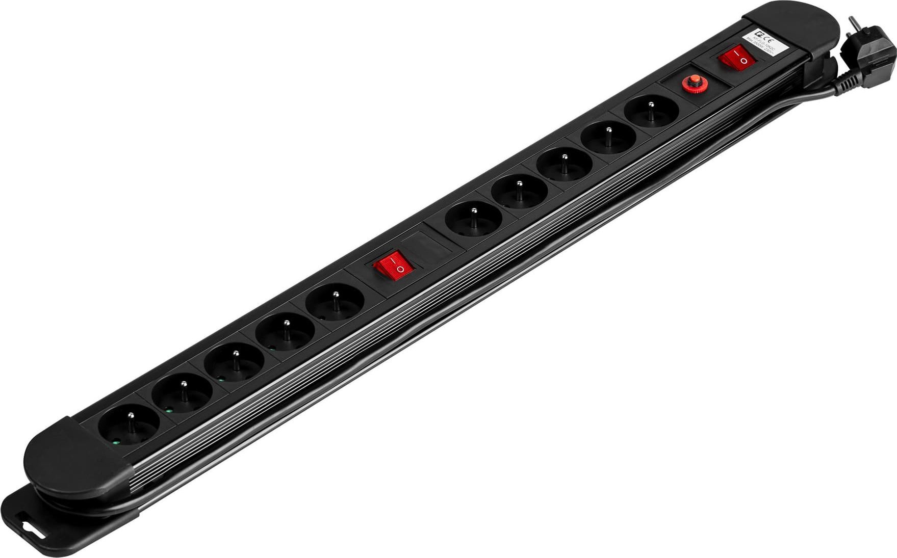 Orno Listwa zasilająca, 10 gniazd 2P+Z, kabel 3x1,5mm2, długość 1,5m, 2xWyłącznik podświetlany dwutorowy, Wyłącznik termiczny. 16A/230 VAC, Czarna