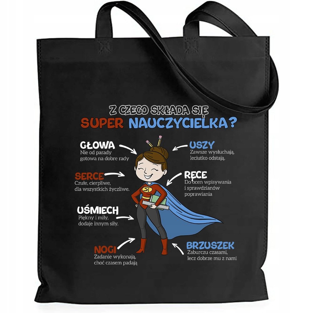 TORBA BAWEŁNA CZARNA SHOPER EKO PREZENT DZIEŃ NAUCZYCIELA SUPER NAUCZYCIEL