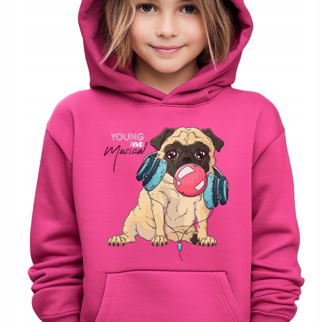 BLUZA DZIECIĘCA Z Kapturem 140 cm Malinowa BULLDOG MUZYKA Ciekawe Wzory
