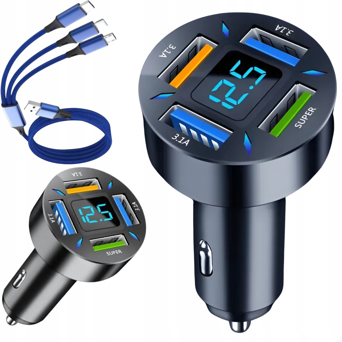 Ładowarka Szybka 3.1A Samochodowa do Auta LED QC 3.0 x3 USB PD 66W