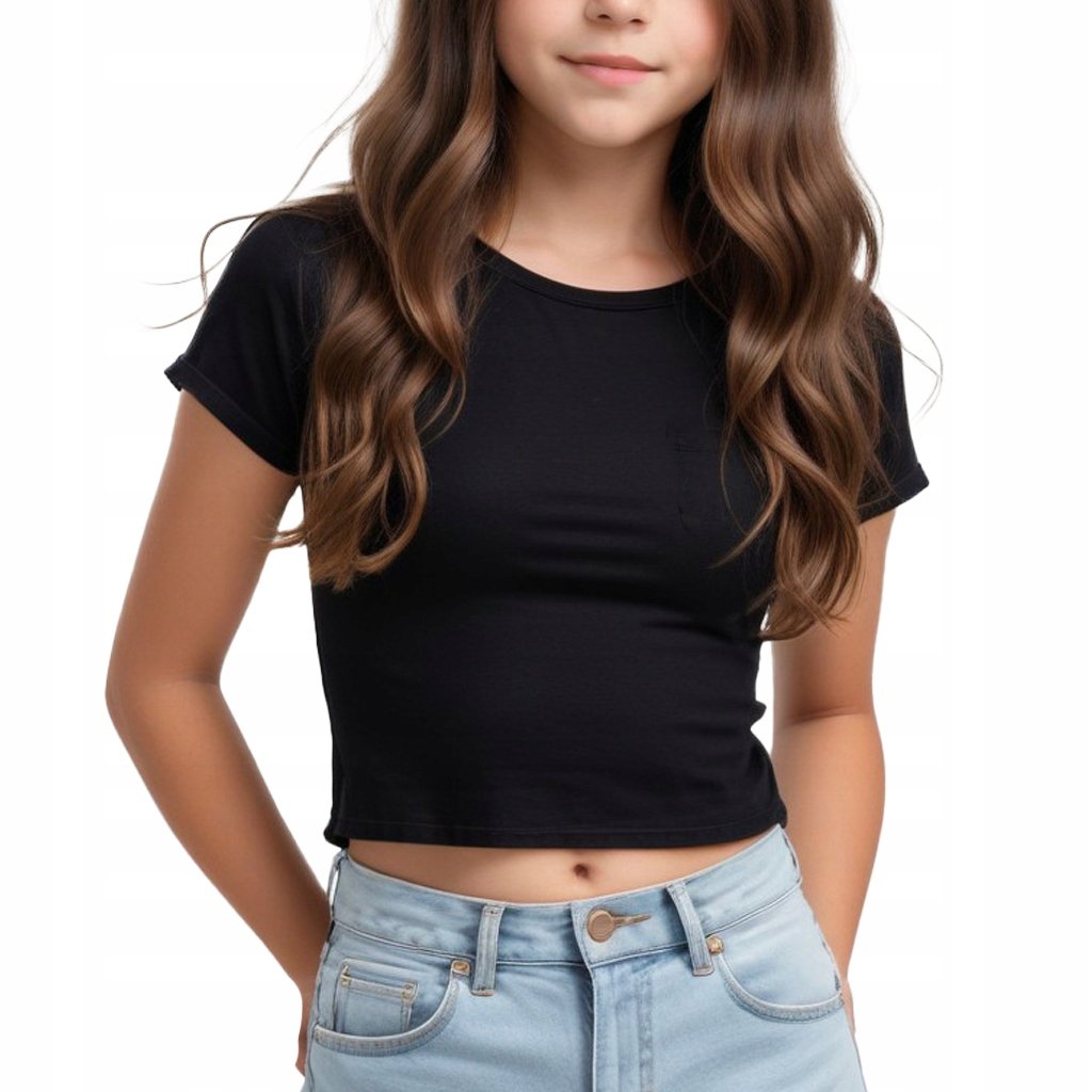 KOSZULKA KRÓTKA Dziecięca Czarna CROPPED T-Shirt Crop Top Na Lato - 158