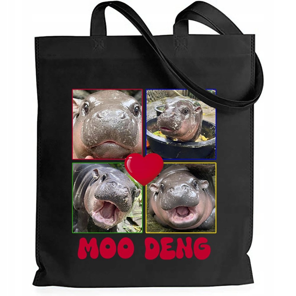 Torba EKO SHOPPER CZARNA BAWEŁNIANA NA ZAKUPY HIPOPOTAN MOO DENG VIRAL WZ