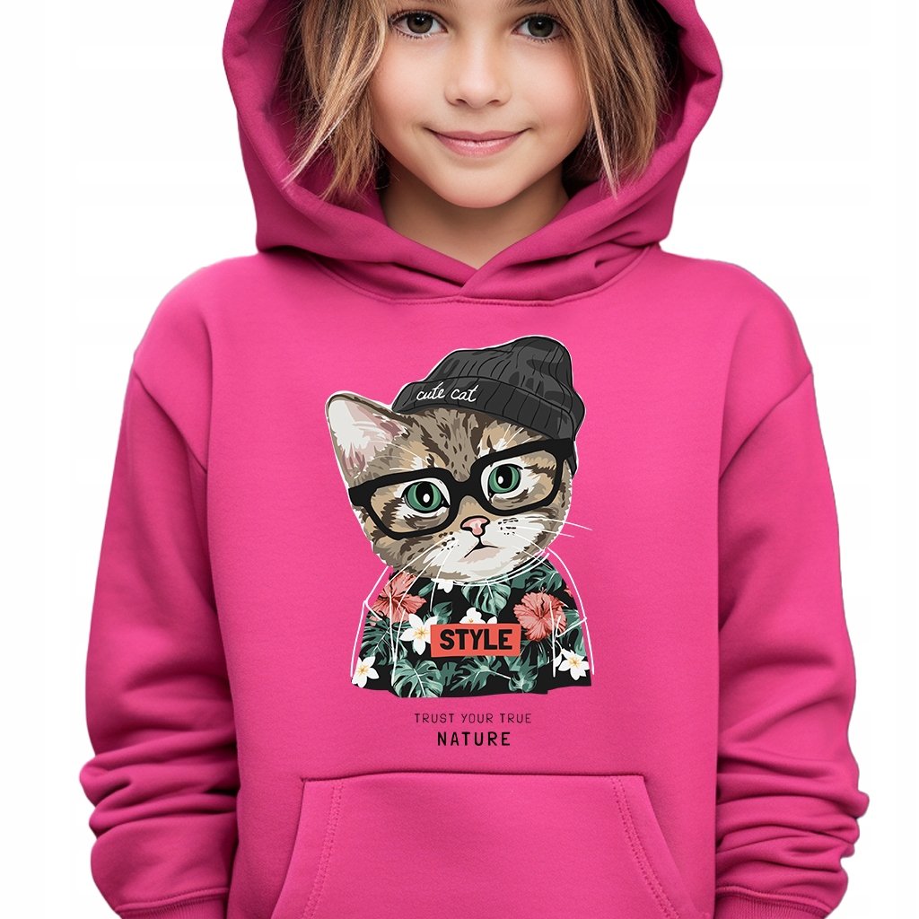 Bluza Dziecięca z Kapturem 128 cm Malinowa Uroczy Kot Stylowy Wiele Wzorów