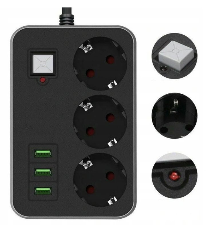 Listwa zasilająca 3 Gniazda + 3x USB Przedłużacz