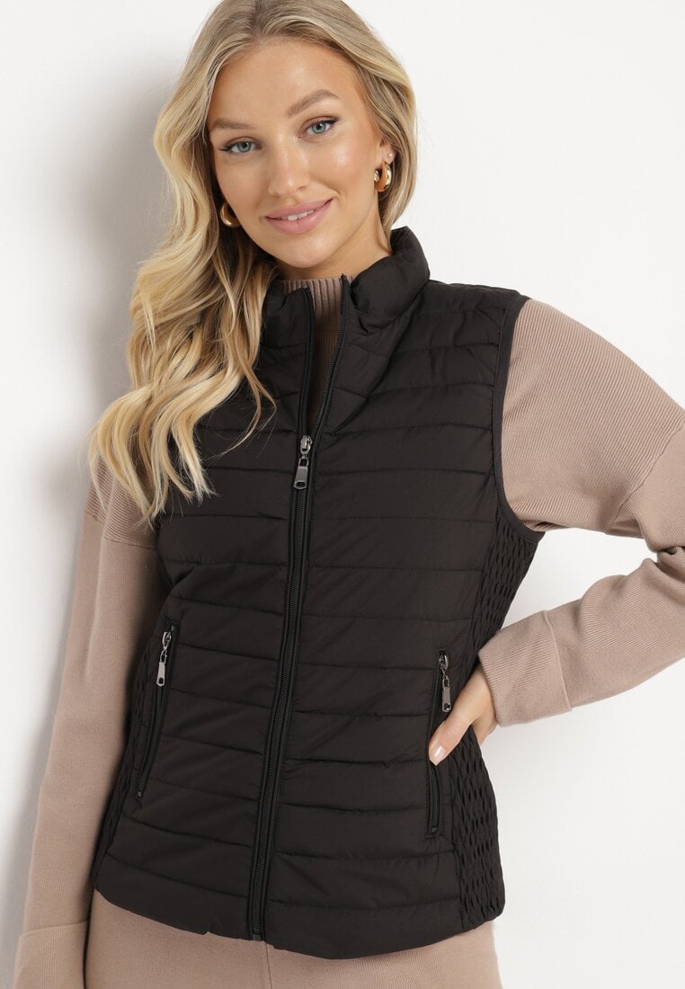 Czarna Pikowana Kamizelka ze Stójką i Zasuwanymi Kieszeniami Lorenith