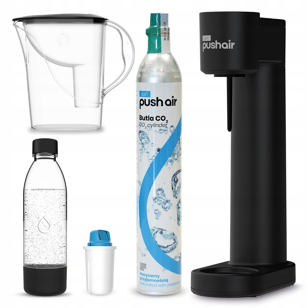 PushAir Saturator Czarny Nabój Butelka 0,7 + Dzbanek z Filtrem Mg+ Cl